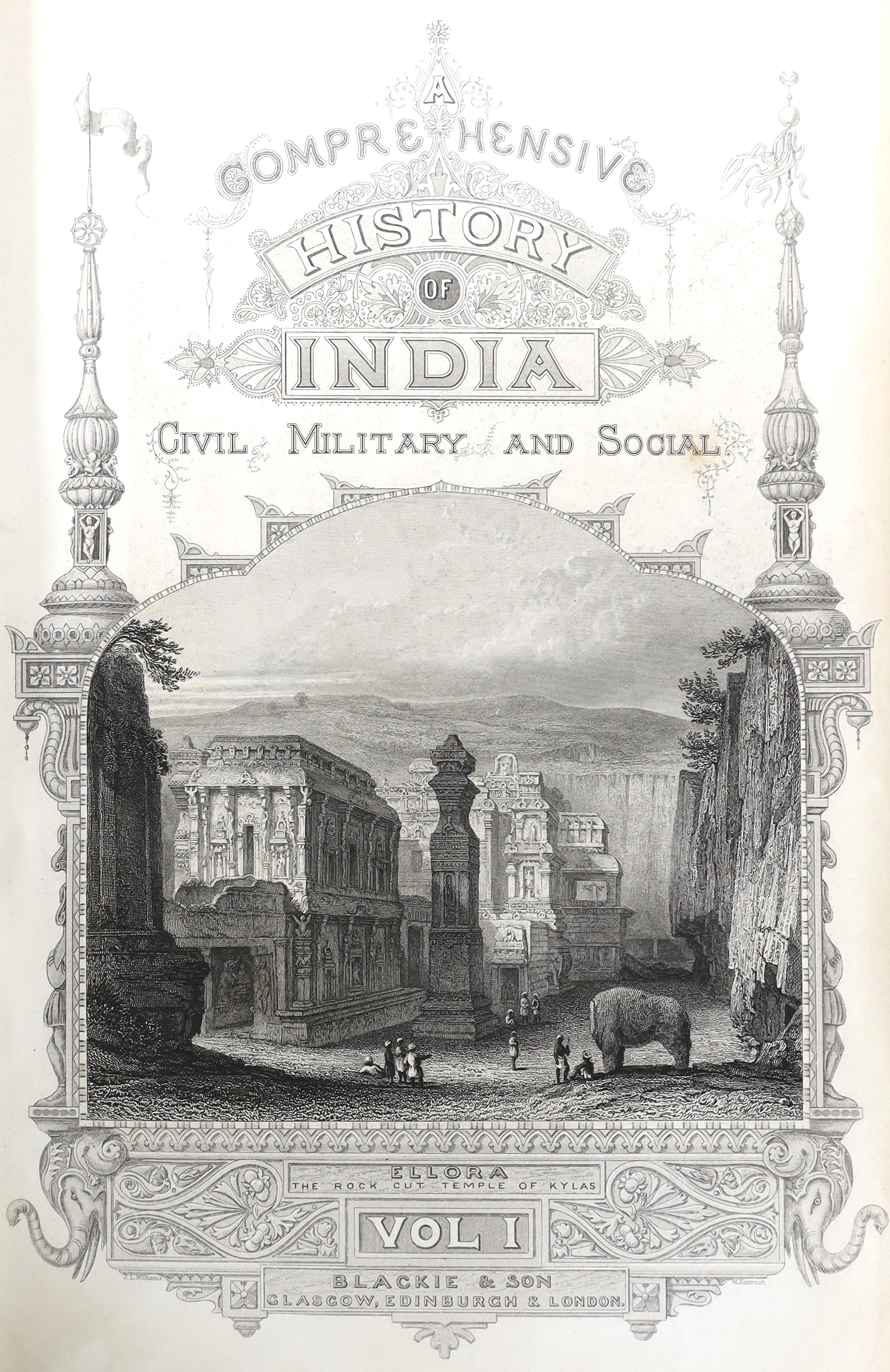 Beveridge, Henry - A Comprehensive History of India, Civil, Military and Social, from the first landing of the English....including an outline of the early history of Hindoostan. 3 vols. engraved pictorial and printed ti